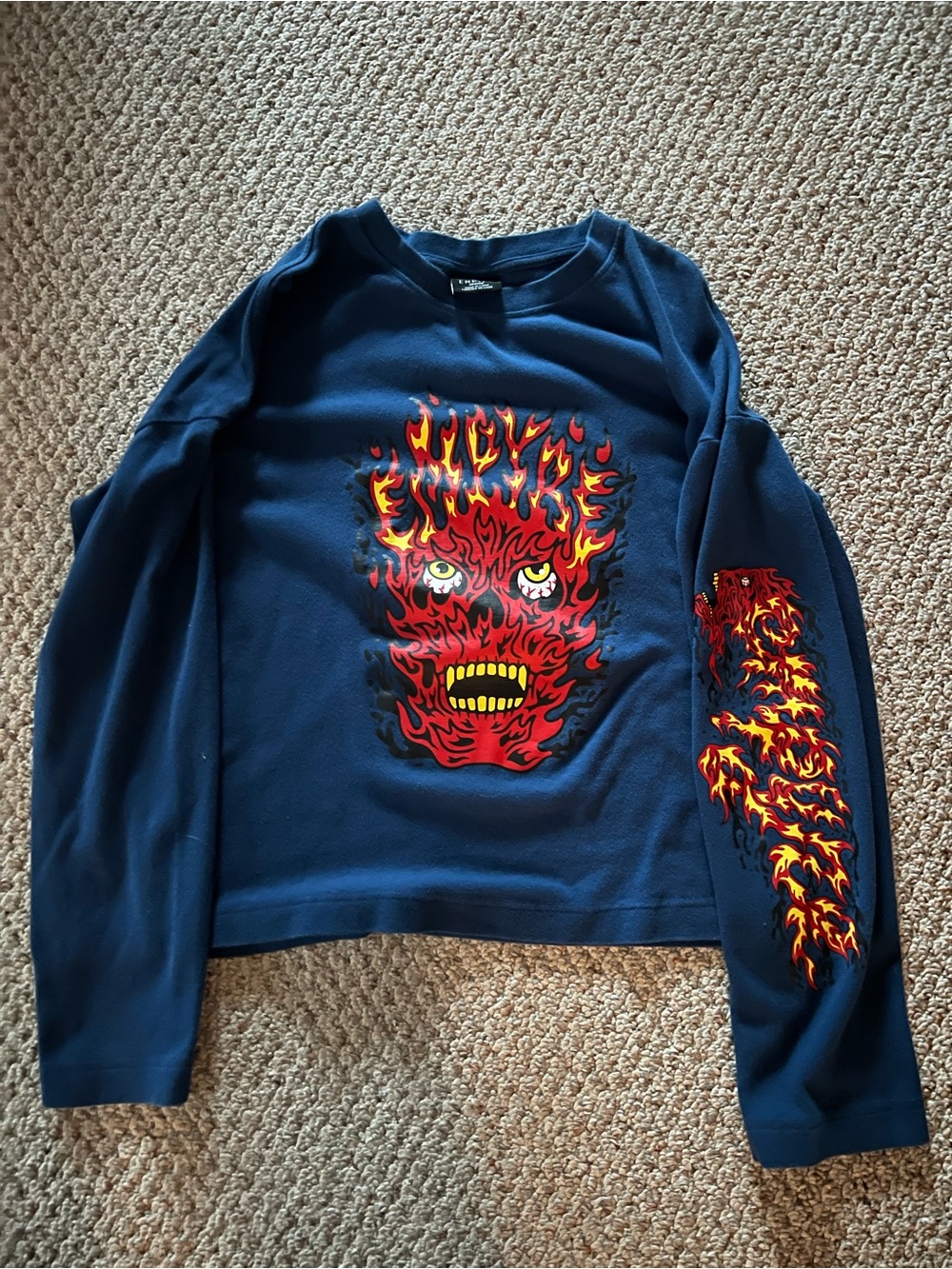 Empyre Navy Long-Sleeve Tee with Red & Yellow Flame Face Graphic (CROPPED)